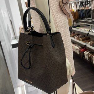 Michael Kors Suri Large Logo Bucket Drawstring Bag MK Brown Black Multi